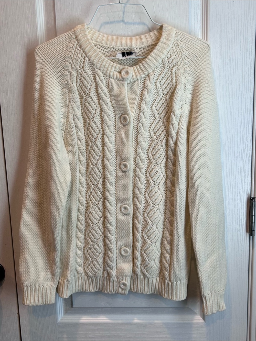 Vintage 70s Cable Knit Cardigan Sweater Cream Ivory Fisherman Chunky Crewneck SM